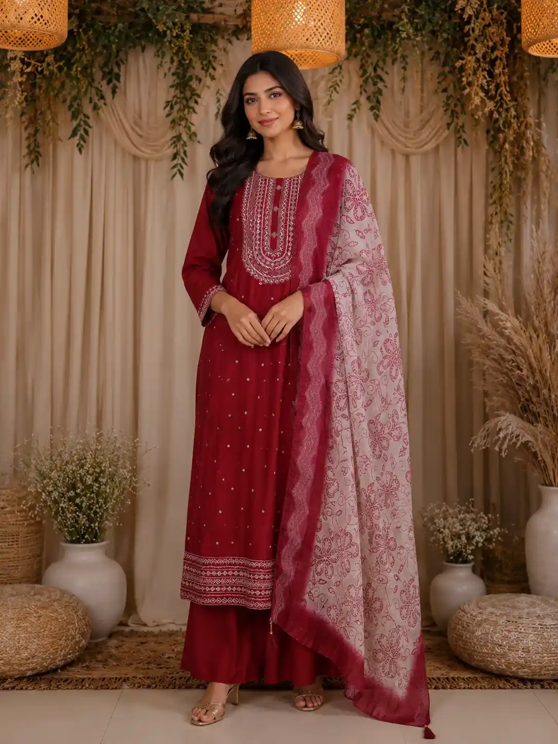 Maroon Embroidered Design Cotton Anarkali Salwar Suit